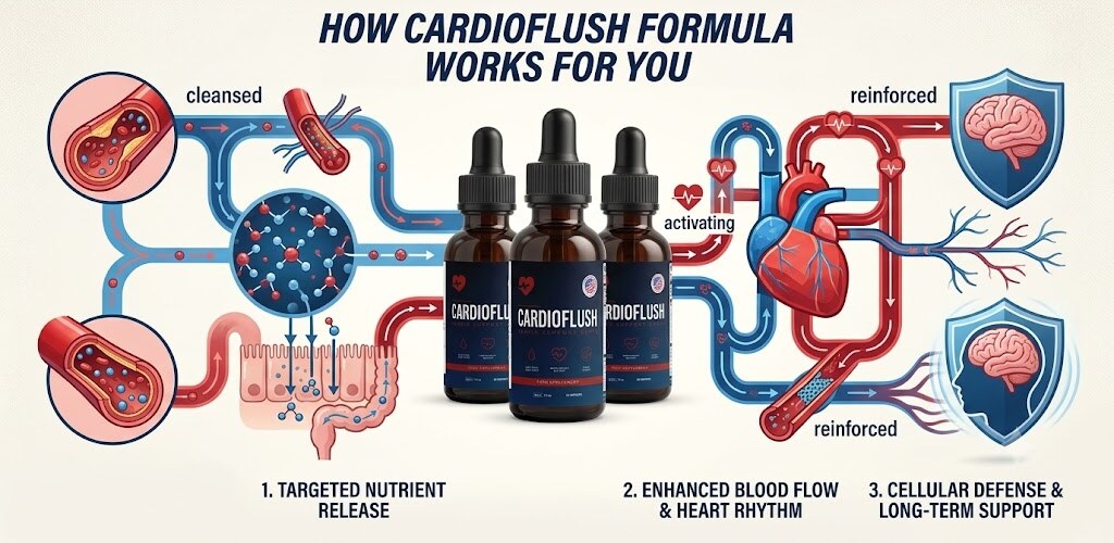 How the CardioFlush formula works: targeted nutrient release, enhanced blood flow and heart rhythm support, cellular defense and long-term support